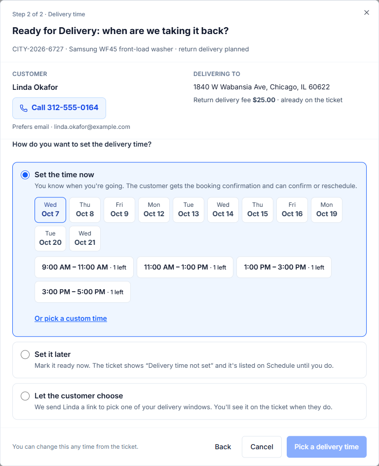 The Ready for Delivery prompt for a washer: the customer’s name and a Call button, the delivery address and fee, and three choices — Set the time now with day and time windows to pick from, Set it later, and Let the customer choose.